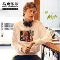 马克华菲圆领卫衣男士2020春季新款复古印花ins潮流套头白色上衣