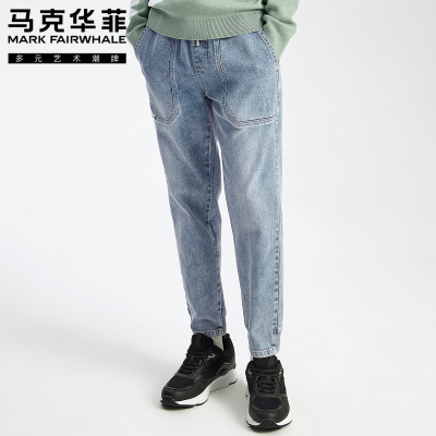 马克华菲牛仔裤男士2020春季新款简约浅色抽绳潮流工装束脚长裤