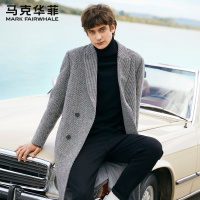 马克华菲毛呢大衣男春秋新款时尚刺绣千鸟格含羊毛中长款外套