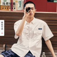 马克华菲短袖衬衫男士2020夏季新款字母绣花白色宽松全棉上衣