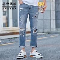 马克华菲牛仔裤潮男2020夏新款复古破洞毛边裤脚个性九分小脚裤