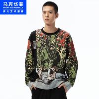 商场同款马克华菲卫衣男2020冬季新款潮流时尚印花黑色圆领上衣