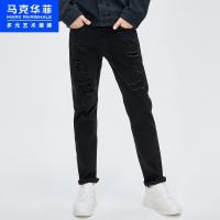 马克华菲潮牌牛仔裤男2020秋季新款磨毛破洞街头直筒黑色休闲长裤