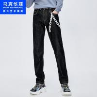 马克华菲潮牌牛仔裤男2020秋季新款黑色明辑线休闲修身小脚长裤