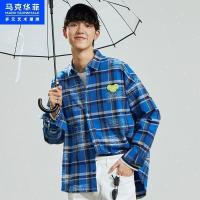 马克华菲潮牌衬衫男士2021春新款日系复古格纹潮流长袖上衣