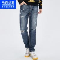 马克华菲潮牌牛仔裤男士2020秋新款破洞时尚潮流显瘦直筒长裤