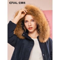 ERAL/艾莱依2018秋冬新款绣花大毛领中长款羽绒服女外套