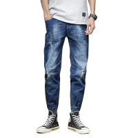 鳄鱼恤(CROCODILE) 2019夏季男装纯色男士牛仔裤新品时尚韩版潮流青年弹力青少年宽松纯棉束脚哈伦九分裤