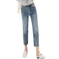 如熙 新款春弹力牛仔裤女做旧毛边复古直筒裤九分裤高腰阔腿裤