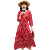 如熙 春雪纺连衣裙女v领高腰长款裙子复古波点长裙女