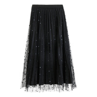 如熙 新款春季两面穿丝绒半身裙拼接网纱百搭通勤裙子百褶裙女