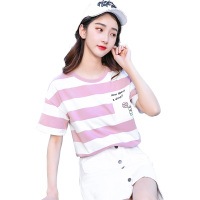 如熙 短袖T恤女新款夏季半袖体恤条纹ins潮学生女装上衣