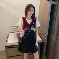 夏季韩版印花超火T恤裙女学生假两件休闲气质连衣裙新款2019