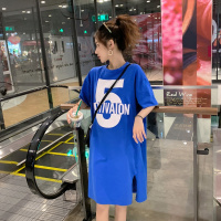 2019夏大码连衣裙宽松时尚字母露背假两件长款半袖T恤裙女