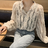 如熙 衬衫女镂空蕾丝上衣v领衬衫女设计感小众