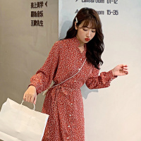 如熙超火碎花雪纺连衣裙女v领裙子chic气质中长裙