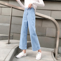 如熙女高腰牛仔裤阔腿裤直筒女裤子休闲宽松时尚九分裤韩版