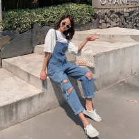 如熙破洞牛仔背带裤女韩版宽松学生哈伦九分裤