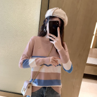 如熙秋冬毛衣女宽松慵懒风拼色圆领学生上衣甜美套头小清新针织衫