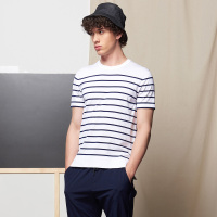 ElleHomme2019夏季新款100%纯棉条纹横条设计休闲百搭舒适透气男士短袖92004