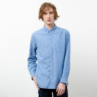 ELLE HOMME亚麻修身立领长袖衬衫男士正装上衣牛仔蓝休闲衬衣舒适透气