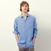ELLE HOMME牛仔蓝亚麻长袖衬衫男士修身正装上衣百搭方领休闲轻商务衬衣舒适透气