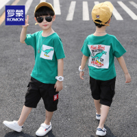 罗蒙童装男童套装中大童休闲印花卡通体恤五分裤个性韩版潮两件套