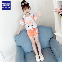 罗蒙童装女童套装2019新款女孩中大童短袖短裤两件套装韩版可爱潮