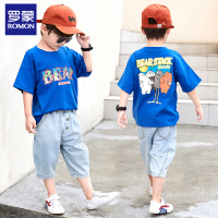 罗蒙童装男童套装2019夏短袖印花T恤牛仔五分裤韩版两件套可爱潮
