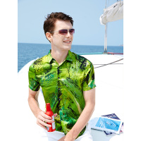 JOW植物青真丝93桑蚕丝男士短袖衬衫印花经典衬衣