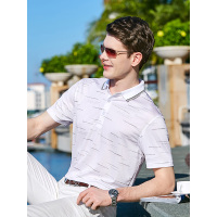 桑蚕丝真丝乔沃JOW细条纹短袖T恤男士翻领薄款