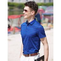 JOW乔沃桑蚕丝湛蓝条纹短袖T恤冰丝翻领polo