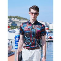 93%桑蚕丝真丝短袖衬衫拼接多色翻领衬衣