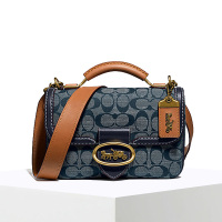 COACH\蔻驰 CHAMBRAY RILEY 口盖包手提单肩包 马车标牛仔 22*14.5*7CM 织物\牛皮革