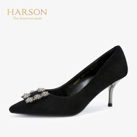 HARSON/哈森 尖头反绒皮水钻女鞋低跟浅口单鞋HL96027