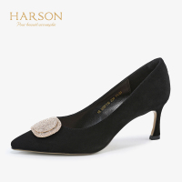 HARSON/哈森 尖头反绒皮水钻女鞋浅口高跟单鞋HS97116