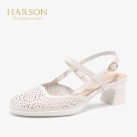 HARSON/哈森 圆头软面皮镂空女鞋低粗跟凉鞋HM92409