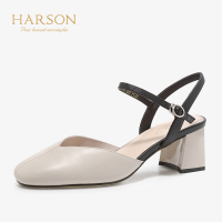 HARSON/哈森 方头软面皮拼色女鞋低粗跟后空鞋HM97115