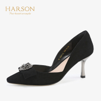 HARSON/哈森 尖头反绒皮水钻女鞋高跟中空鞋HM97116