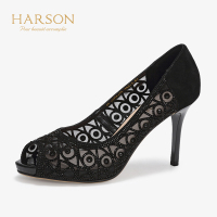 HARSON/哈森 露趾反绒皮水钻女鞋高跟鱼嘴鞋HM98410