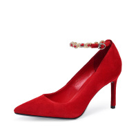 HARSON/哈森 尖头反绒皮水钻女鞋浅口高跟单鞋HL82008