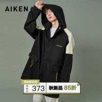 aiken/爱肯2019秋新款宽松连帽风衣男 复古潮流撞色拼接外套黑色
