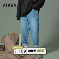 aiken/爱肯2019秋新款复古宽松水洗牛仔裤男个性韩版小脚裤蓝色