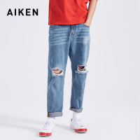 aiken/爱肯2019新款牛仔裤九分宽松破洞男 宽松破洞直筒牛仔裤男
