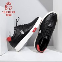 兽霸男鞋2019新款真皮小白鞋牛皮板鞋B系带厚底透气黑色小皮鞋男