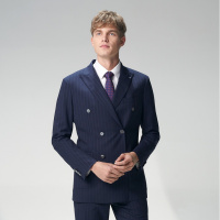依文男西服套装上装竖条纹藏蓝英伦风修身西装外套EA580012