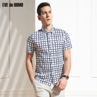 依文男装春季商务时尚经典格纹棉亚麻开衫T恤衬衫EF660231