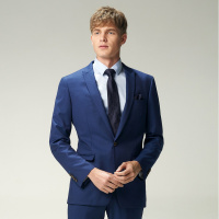 依文男西服套装上装经典蓝色英伦一粒扣修身羊毛西装外套EA570352