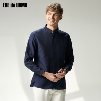 依文休闲宽松衬衫男2019新 蓝色小立领衬衫男夏季长袖薄EC580041