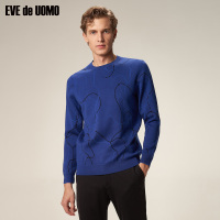 依文毛衣男圆领蓝色脸谱提花设计羊毛混纺冬季毛衣男EE880181